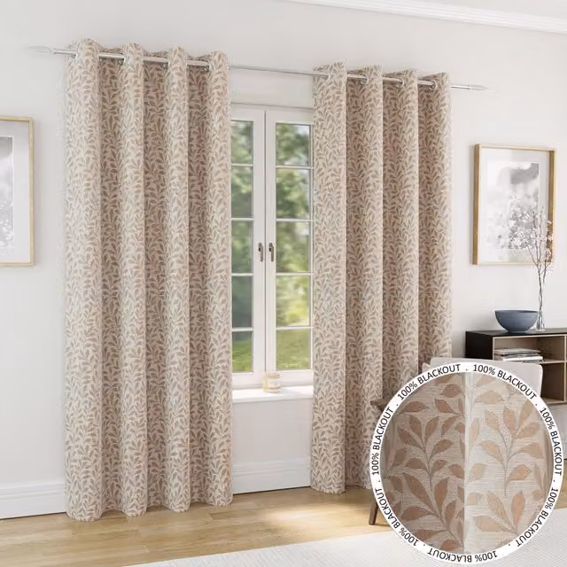 Enhanced Living Sherwood Natural Jacquard Leaf Blackout Eyelet Curtains, Thermal and Sound Dampening, W/H: 117 x 183 cm – 1