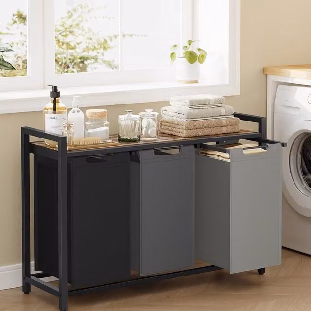 VASAGLE 3 Compartment Laundry Basket with Shelf and Metal Frame, Multicolour – 1