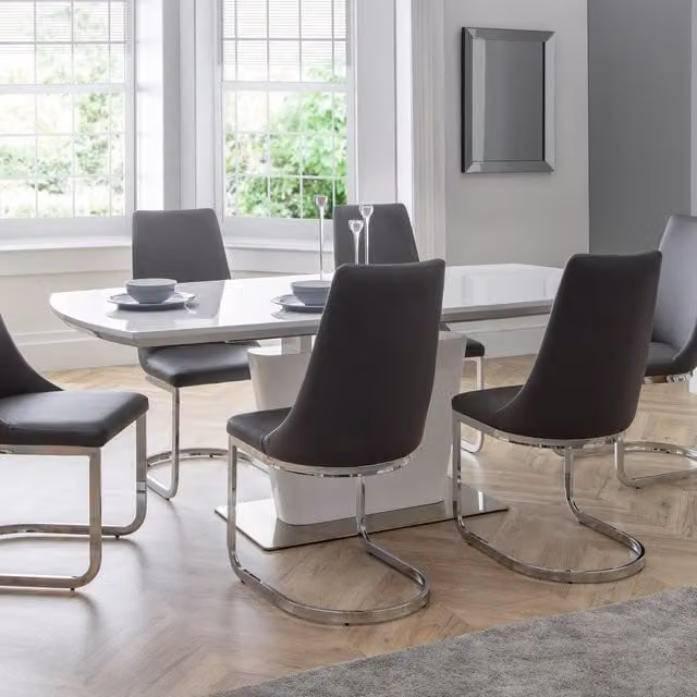 Julian Bowen Como Modern Extendable White High Gloss Dining Table and 6 Grey Chairs Set