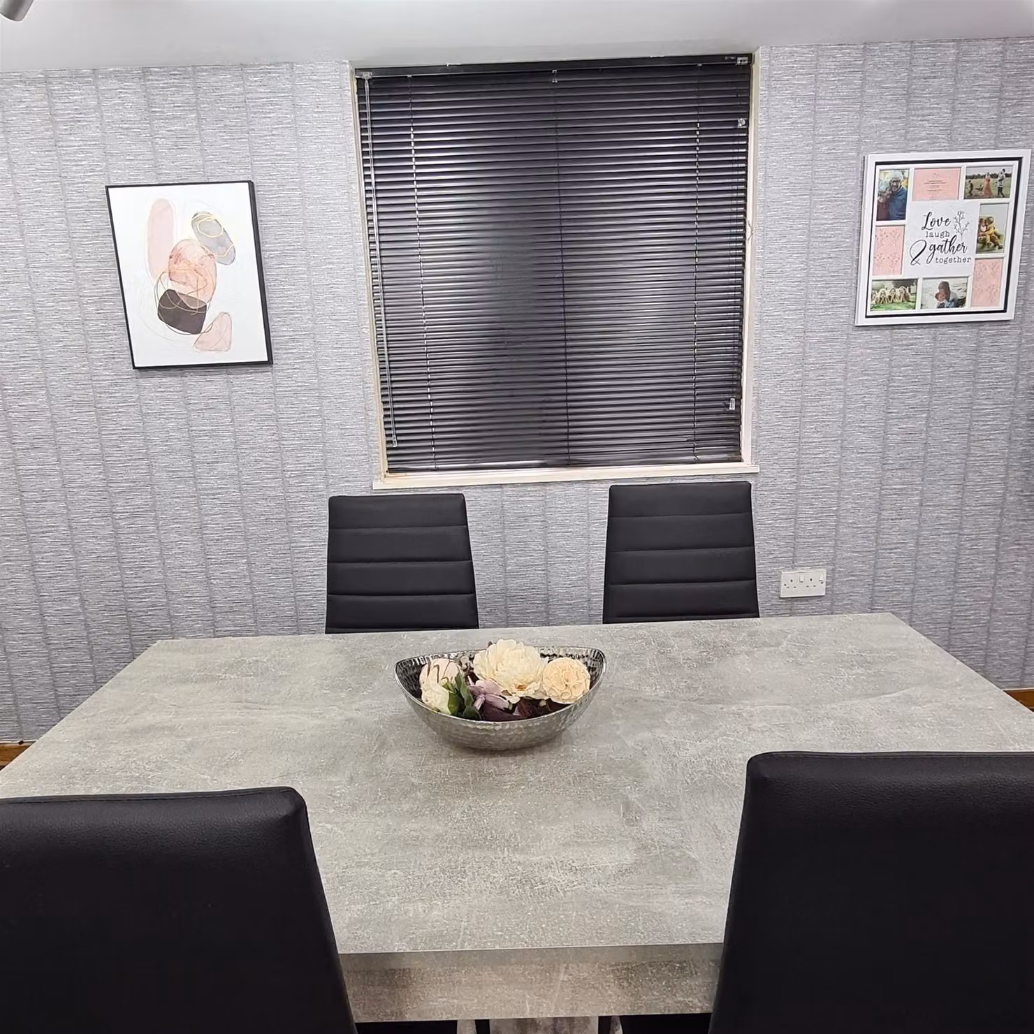 KOSY KOALA Modern Rectangular Dining Table Set with 6 Black Chairs, Stone Grey Effect and Brown Wood Finish – 6