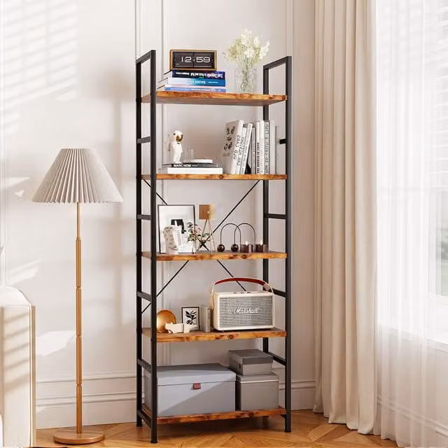Levede 5 Tier Industrial Ladder Bookcase in Brown, Metal and Wood, H 157.5 x W 60.0 x D 30.0 cm