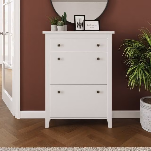 GFW Deluxe Two Tier White Shoe Cabinet with Tilting Compartments