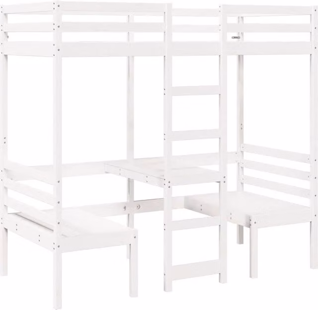 Berkfield Home Loft Bed Frame with Desk and Chairs in White Solid Pine, W/D/H: 90 x 190 cm