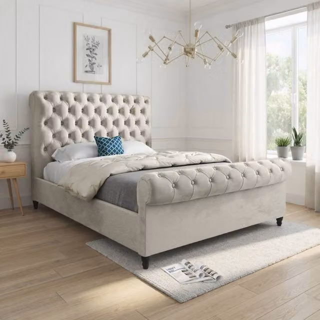 KDMD Tittleshall Sleigh Upholstered Designer Bed Frame in Beige Soft Velvet, Size: King (180 x 200 cm) – 1