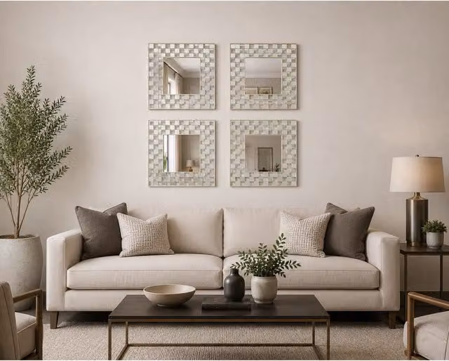 DEENZ Set of 8 White Square Art Deco Wall Tile Mirrors, Diameter: 40 cm