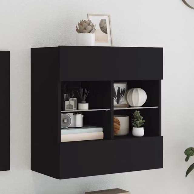 Berkfield Home Modern Black Wall Mounted TV Cabinet with LED Lighting and Glass Doors, W: 58.5 cm, D: 30 cm, H: 60.5 cm – 1