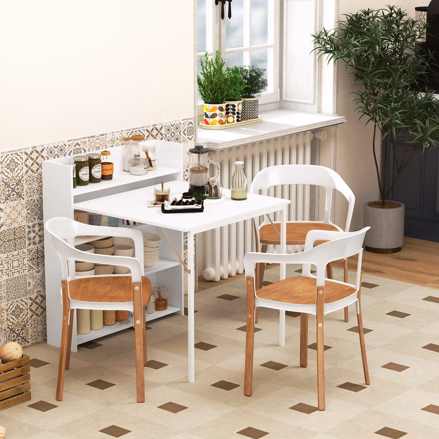 HOMCOM Modern White Drop-Leaf Folding Kitchen and Dining Table with 4-Tier Shelves – 2