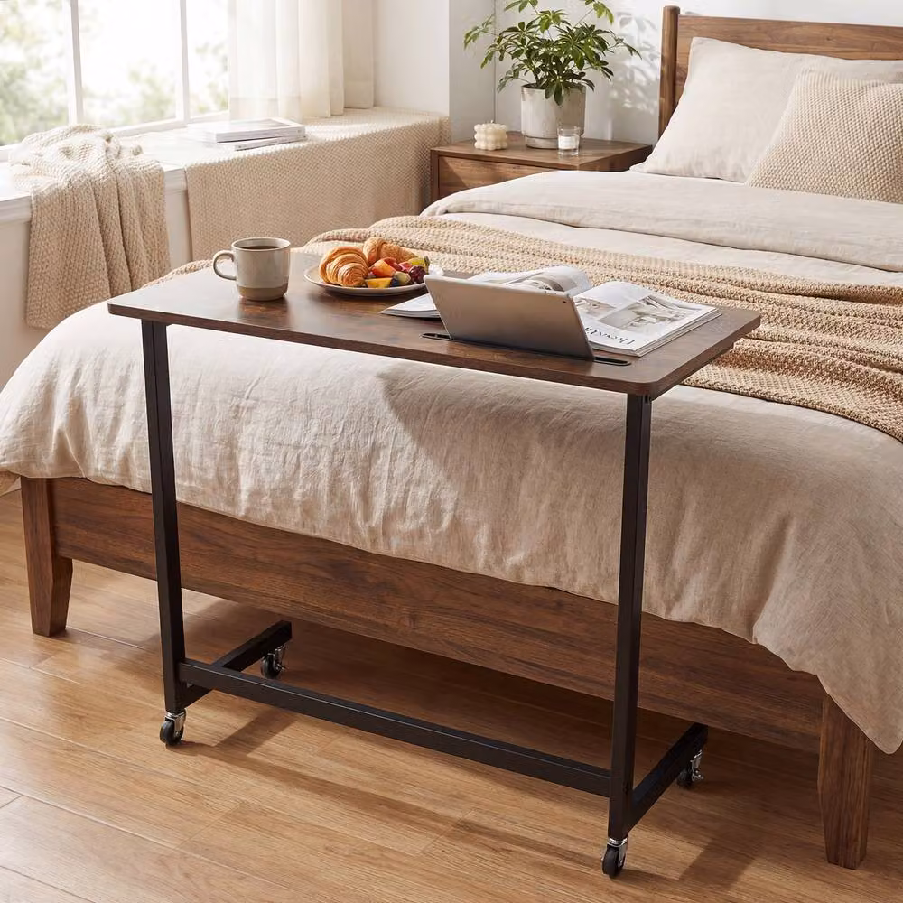 Gymax Rolling Side Table and Laptop Desk Cart with Wheels in Brown – 7