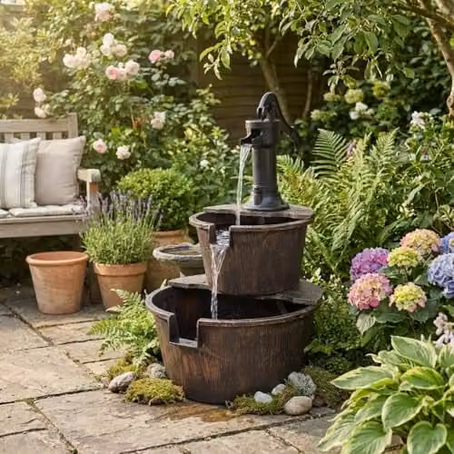 GardenKraft Rustic 2 Tier Barrel Style Garden Water Fountain in Bronze, W: 67 cm, D: 41 cm – 4