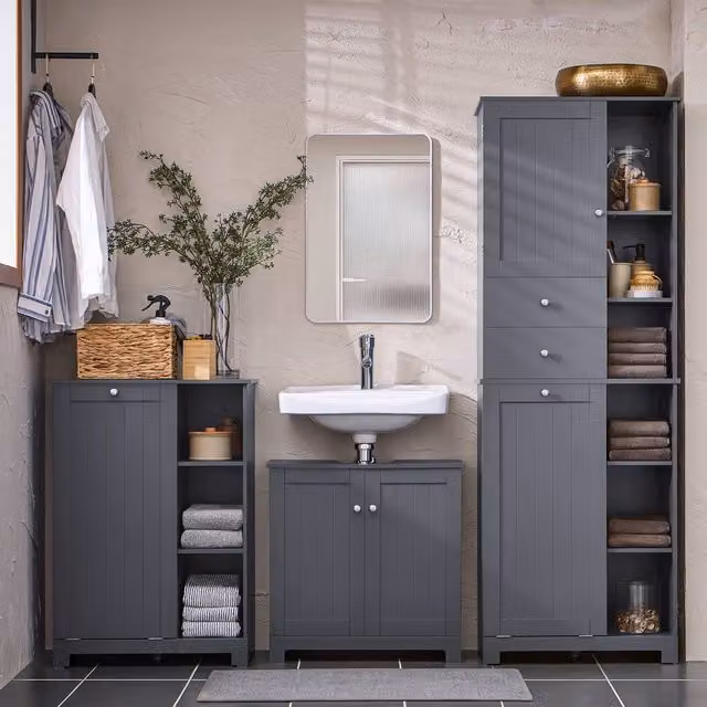 SoBuy Modern Bathroom Tall Cabinet in Dark Grey with Internal Shelves and Drawers