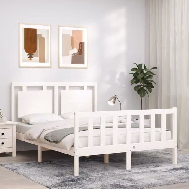Berkfield Home White Solid Pine Bed Frame with Headboard W/D/H: 120 x 200 cm