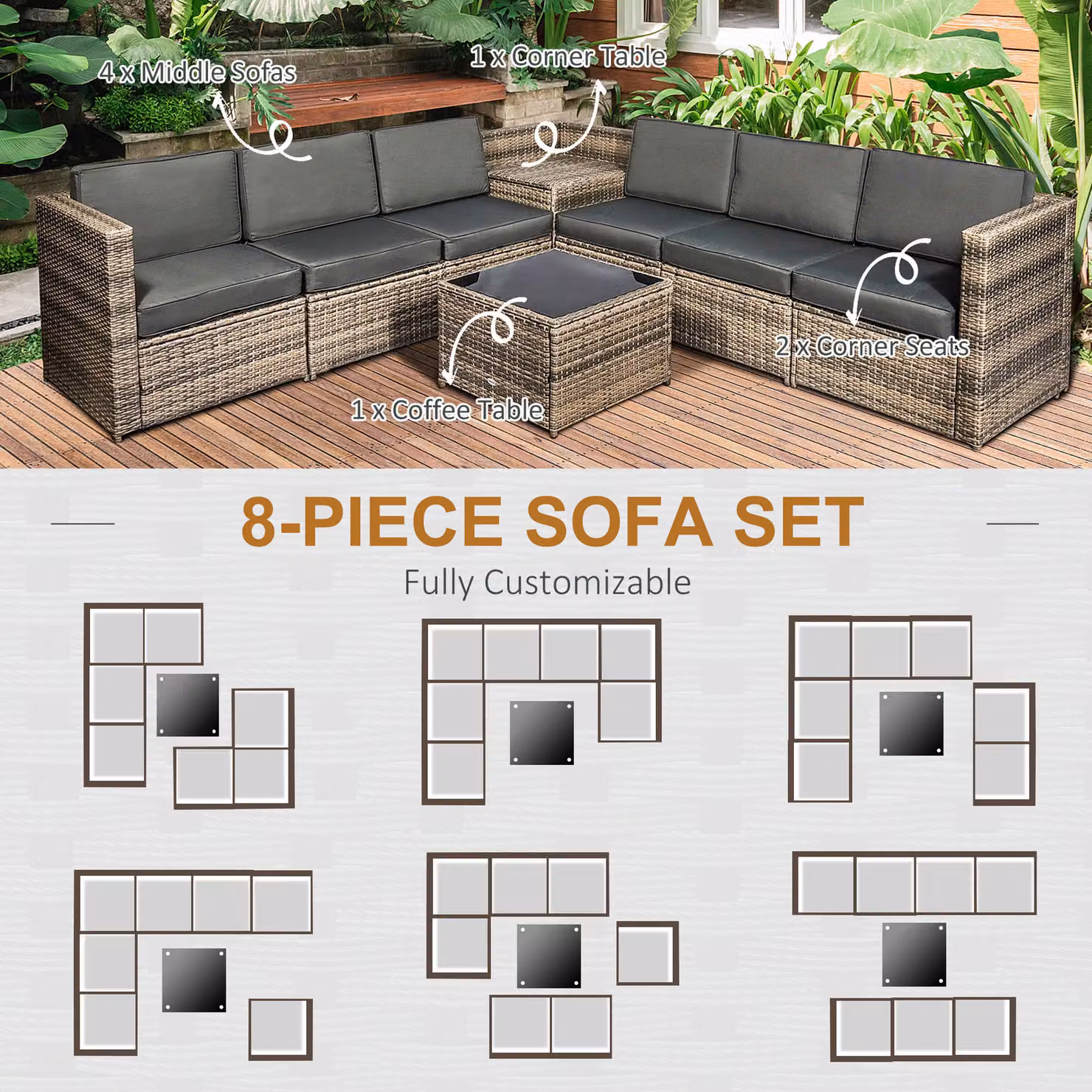 Outsunny 6-Seater Outdoor Rattan Wicker Sofa Set with Cushions and Hidden Storage Side Table in Mixed Brown – 5