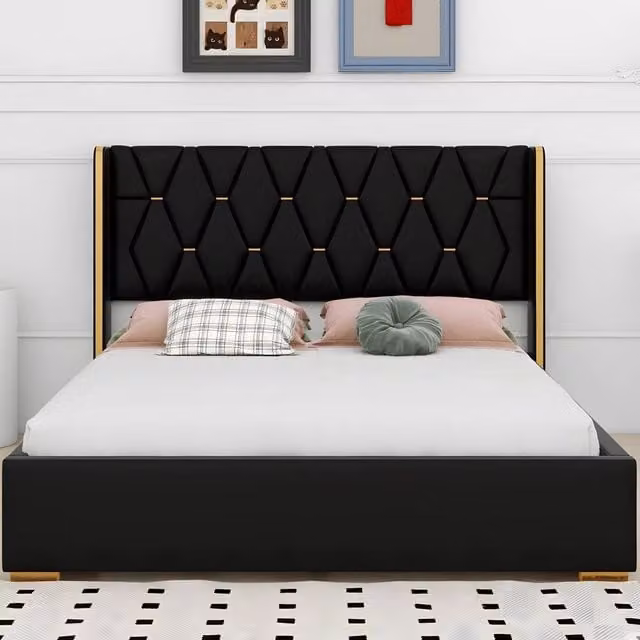 Paradise Beds Ltd Dream Elite Black Velvet Upholstered Double Bed Set with Headboard and Nightstands, W/D/H: 140 x 200 cm