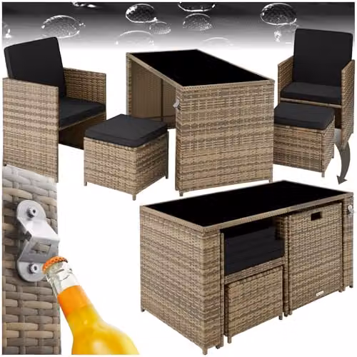 tectake 5-Piece Poly Rattan Lounge Garden Furniture Set in Sand with Table, Armchairs, Ottoman and Upholstered Cushions