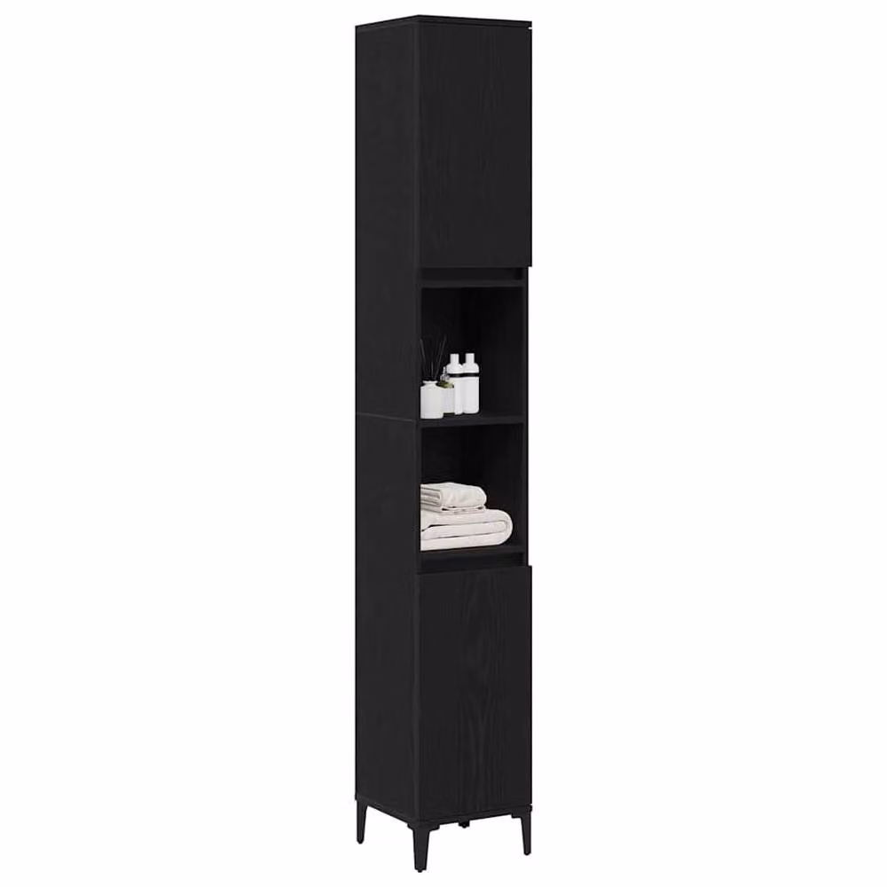 Berkfield Home Modern Black Oak Bathroom Cabinet with Hinged Doors and Open Shelf, W/D/H: 30 x 30 x 190 cm – 3