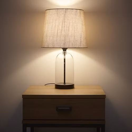 K LIVING Chelsea Table Lamp with Glass Base and Beige Fabric Shade in Black – 2