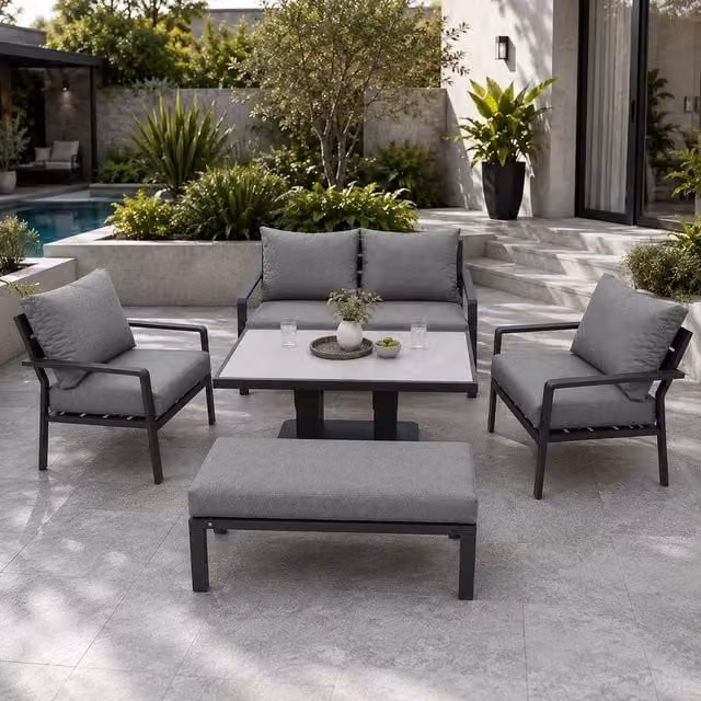 Shatchi 4 Seater Grey Aluminium Garden Sofa Set with Height Adjustable Gas Lift Glass Table – 1