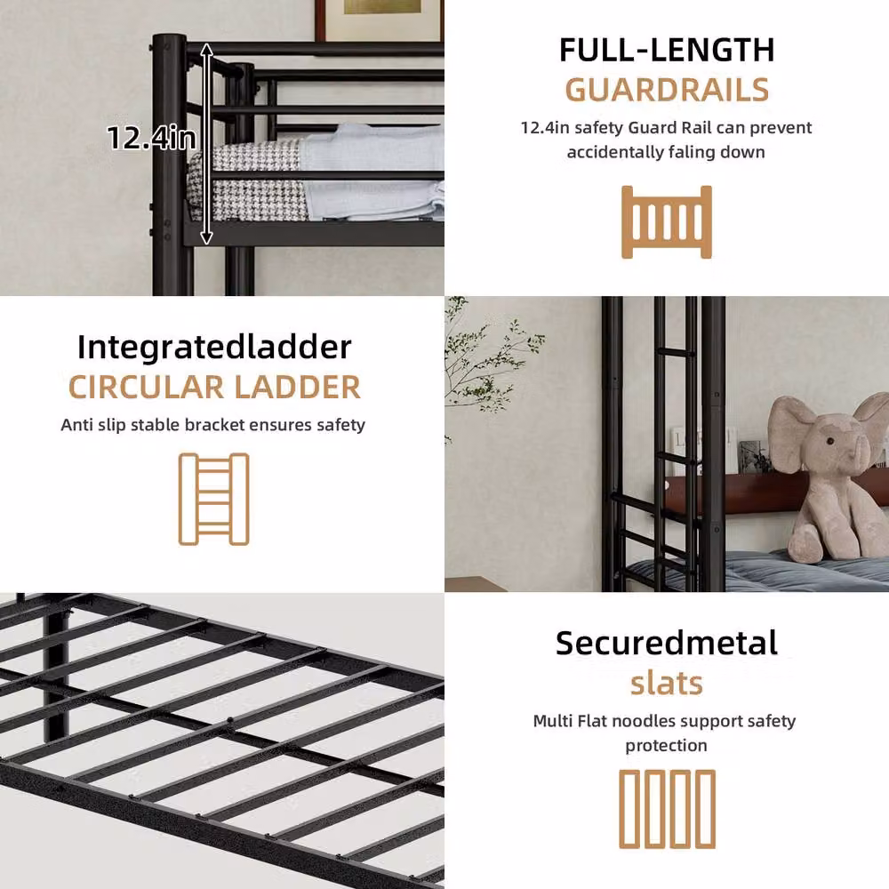 Matteo Black Metal 2-Tier Bunk Bed for Children, W/D/H: 90 x 200 cm – 4