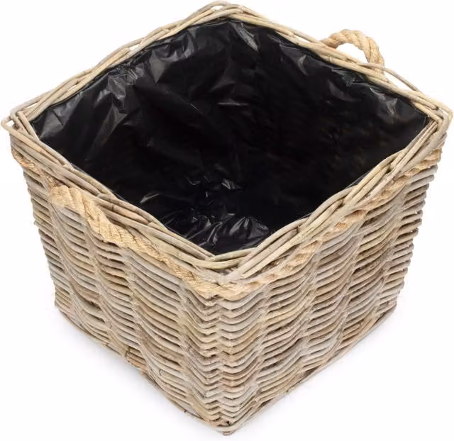 Square Tapered Rattan Planter with Rope Handles and Plastic Lining in Brown, W/D/H: 33 x 33 x 28 cm