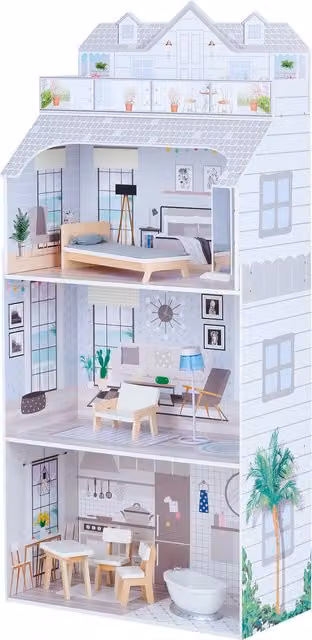Olivia's Little World 3-Story Wooden Dollhouse in Grey and White for 12 inch Dolls