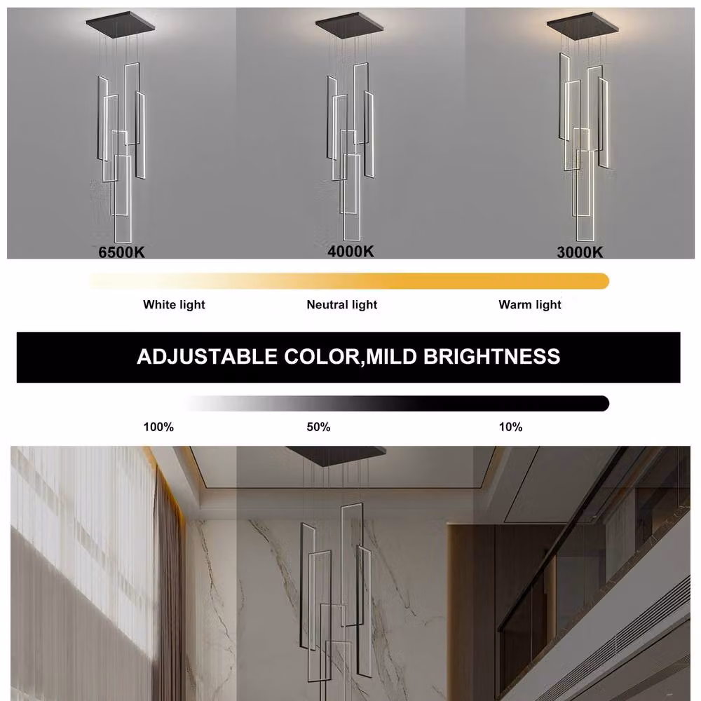 NIVOR Modern Black LED Dimmable 6-Lamp Rectangle Pendant Chandelier with Remote Control and Height Adjustment – 3