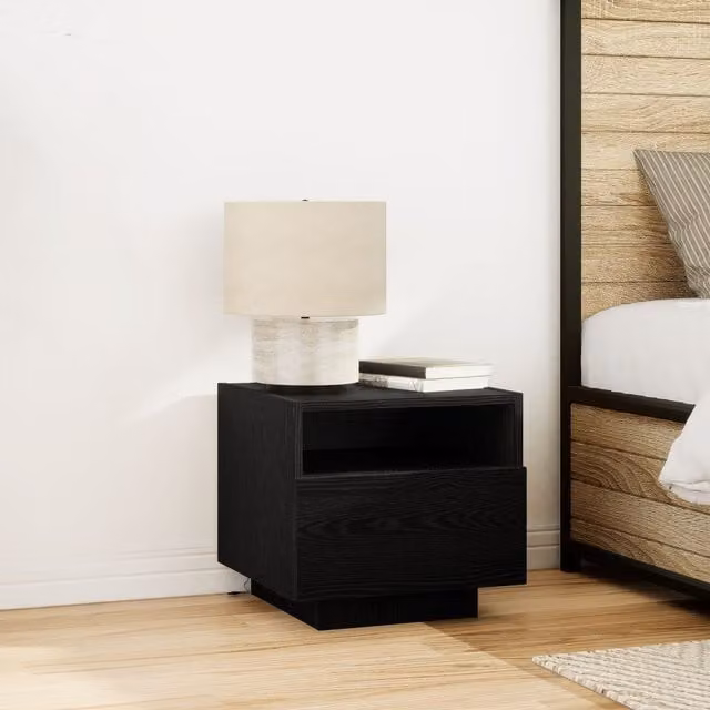 Berkfield Home Black Oak Bedside Cabinet with Integrated LED Lights W: 40 cm, D: 39 cm, H: 37 cm