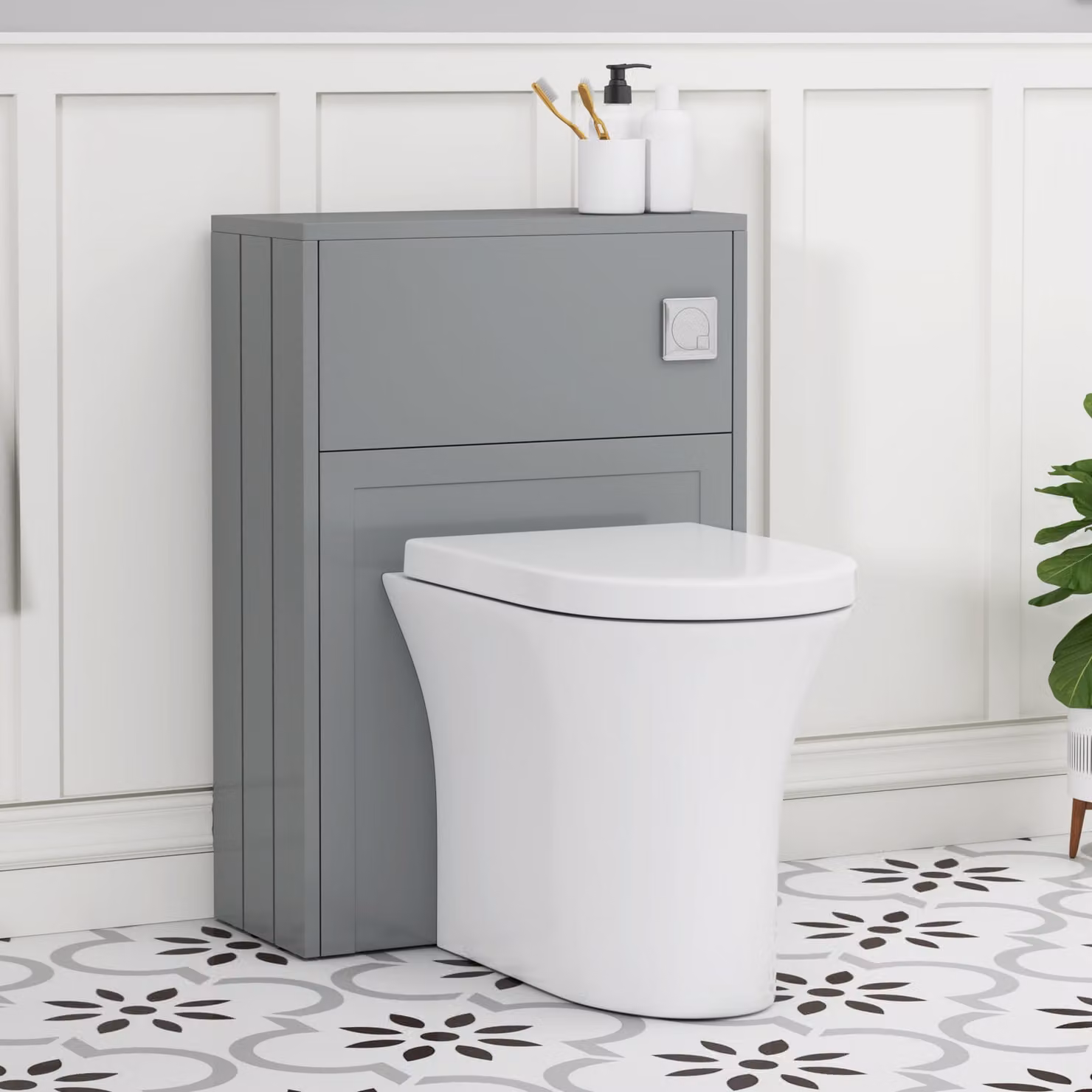 Royal Bathrooms Elmore Wall Mounted WC Unit with Breeze Rimless Toilet Pan, Seat and Cistern, Matt Pebble Grey and White