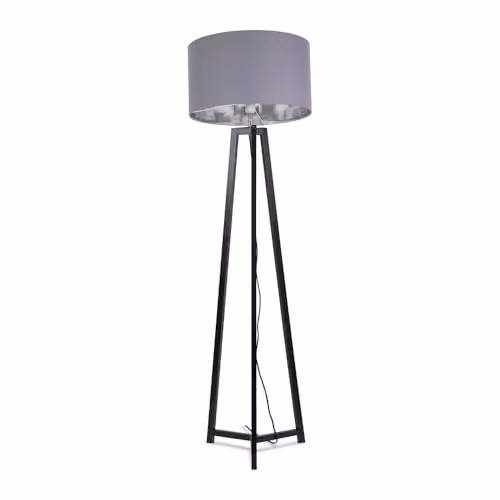 ValueLights Black Wood Tripod Floor Lamp with Grey and Chrome Drum Lampshade and Included LED Bulb