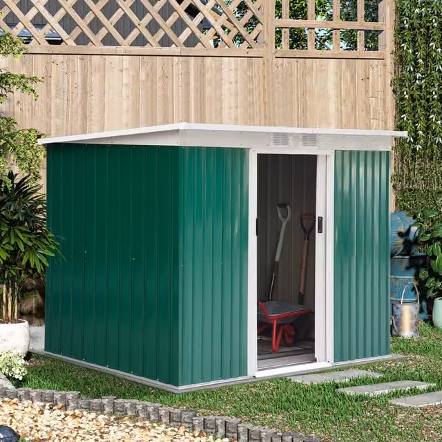 Outsunny Corrugated Metal Garden Storage Shed with Double Doors and Window, Green, W/D/H: 274.3 x 121.9 x 200.7 cm