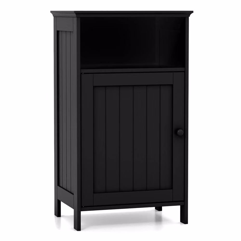 Gymax Black Lacquered Freestanding Bathroom Floor Cabinet with Single Hinged Door and Internal Shelves – 9