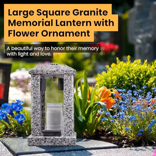 NOVECRAFTO Large Square Granite Candle Lantern with Floral Decor in Grey Stone, H 32 cm – 2