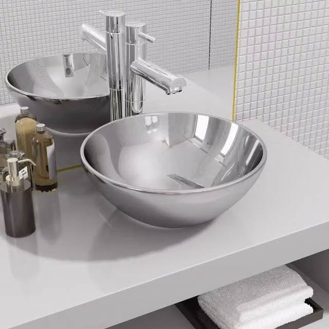 Berkfield Home Round Ceramic Countertop Wash Basin in Silver, W: 32.5 cm, D: 14 cm