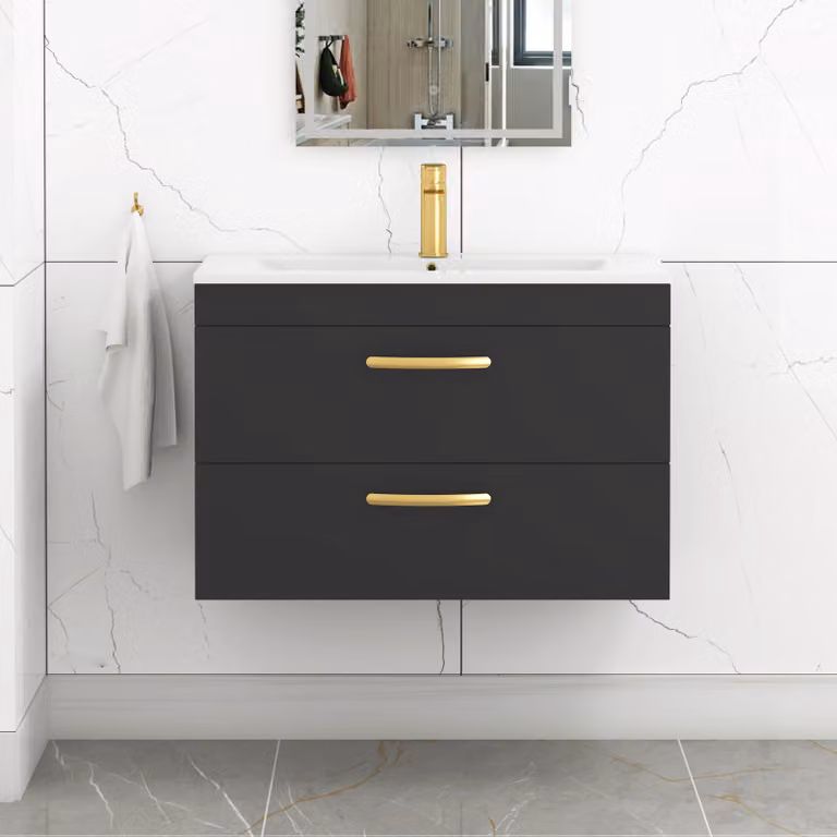 Royal Bathrooms Turin 800mm Wall Hung Vanity Unit in Matt Black with 2 Drawers and Brushed Brass Handles