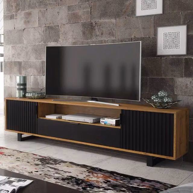 Mex Furniture LTD Blackridge TV Unit in Dark Oak and Black with Fluted Doors and Drawer, W: 200 cm, H: 45 cm, D: 35 cm