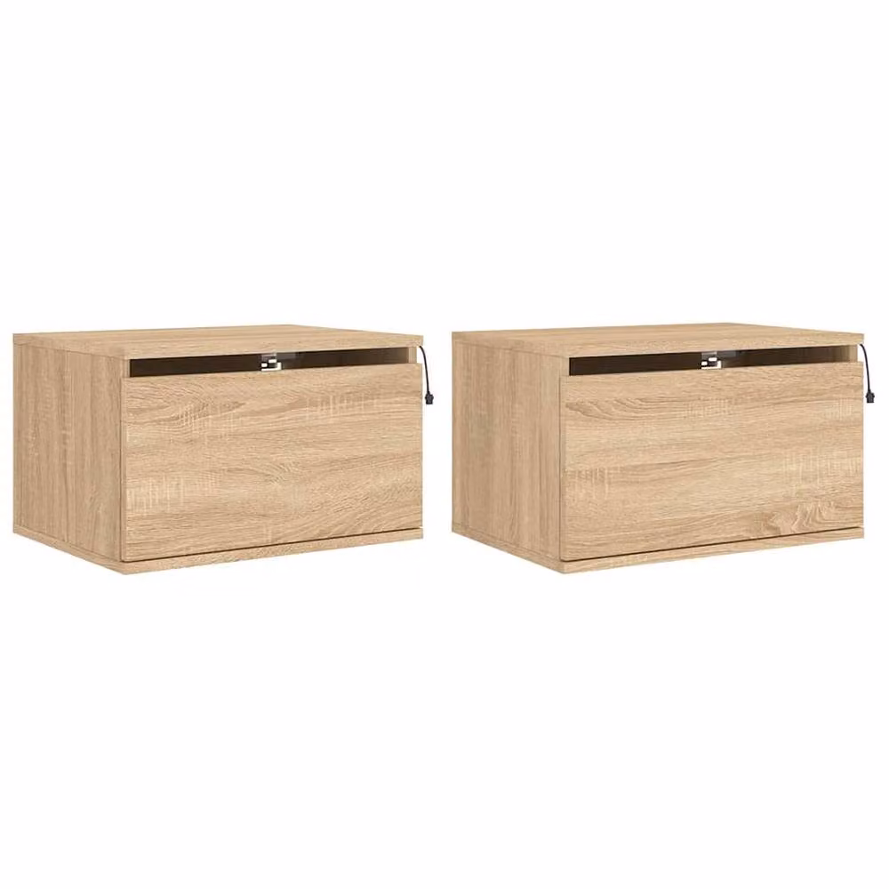 Berkfield Home Set of 2 Wall-mounted Bedside Cabinets with Integrated LED Lights, Sonoma Oak, Light Brown, W: 36 cm, D: 30 cm, H: 50 cm – 3