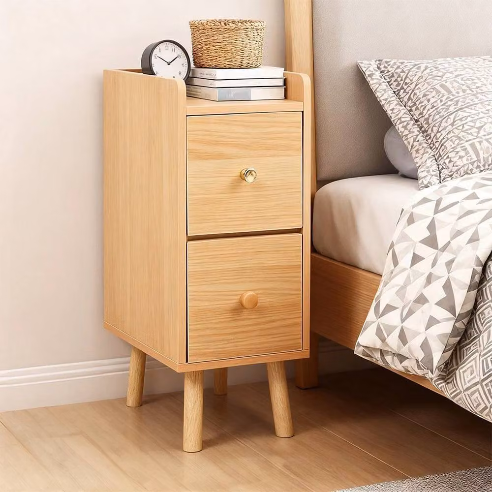 KORVIXA Slim Wood Bedside Table Narrow Cabinet with Drawers and High Legs in Brown – 3