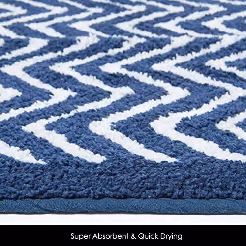 Homescapes Tidal Cotton Bathmat in Blue and White with Geometric Chevron Pattern and Non-Slip Backing, W: 50 cm, D: 80 cm – 6