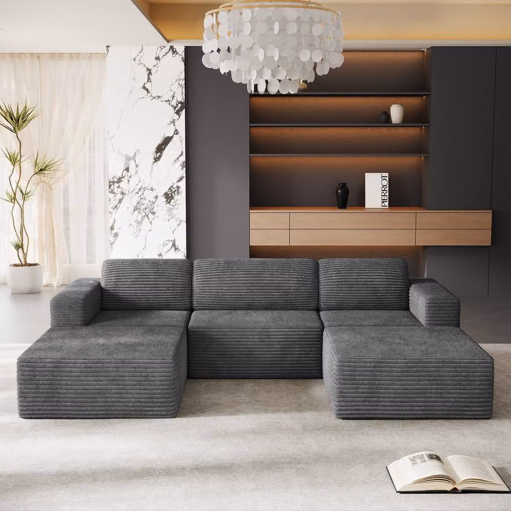 Dprodo Grey Corduroy Modular U-Shape Sofa with Matching Ottoman and Removable Covers – 7
