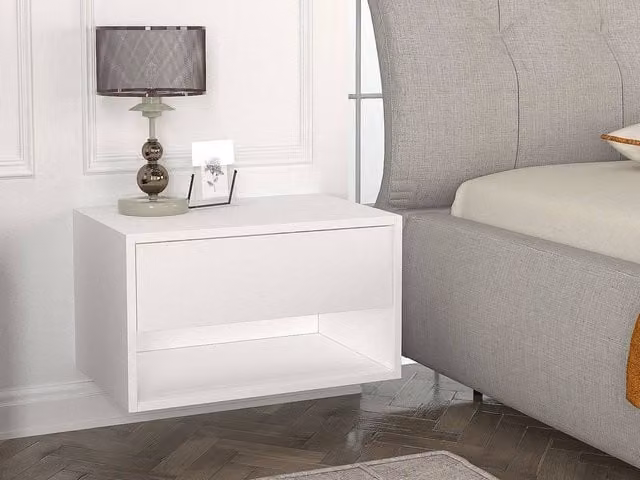 Vente-unique Set of 2 White Wall-Mounted Hanging Bedside Tables with 1 Drawer and 1 Niche, W: 40 cm, D: 35 cm, H: 15 cm