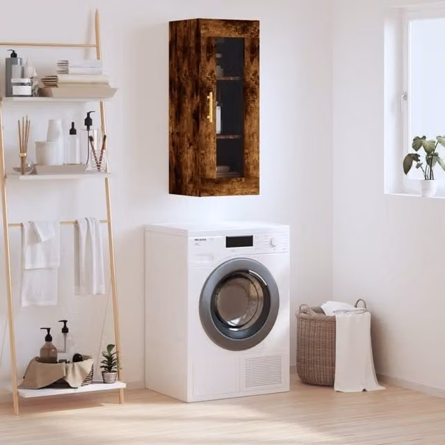 Berkfield Home Wall Mounted Smoked Oak Cabinet with Glass Doors in Brown, W/D/H: 34.5 x 34 x 90 cm – 1