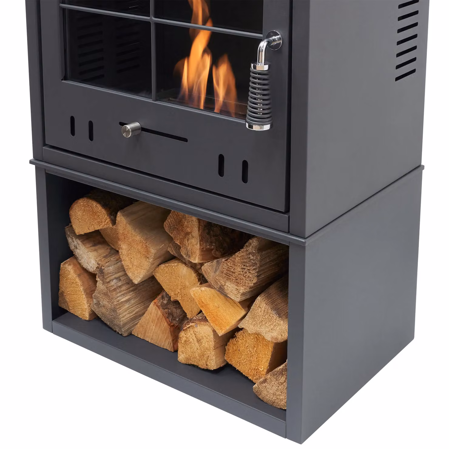 OKO S4 Bio Ethanol Stove with Log Storage and Angled Stove Pipe in Anthracite Grey – 3