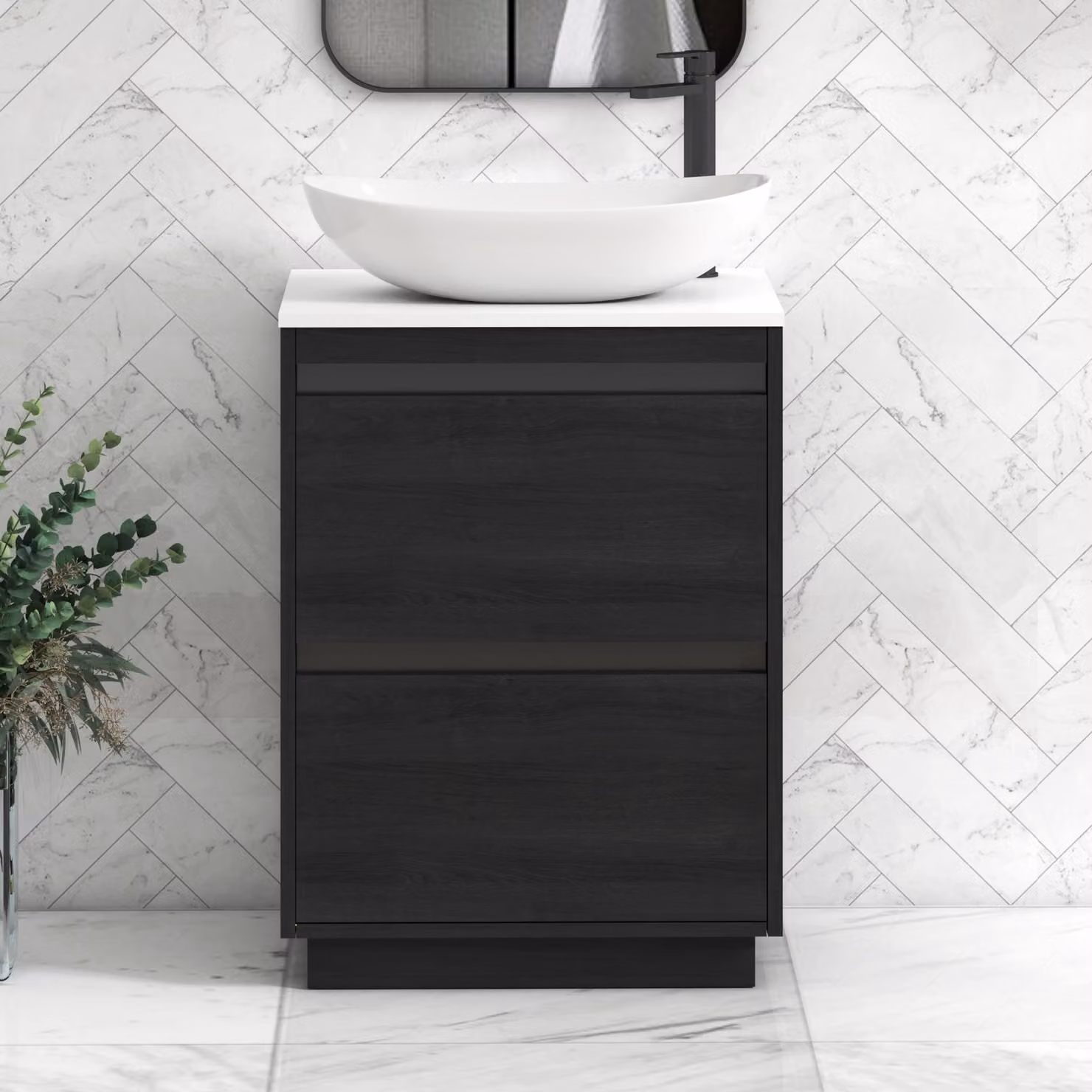 Royal Bathrooms Orion 600mm Hale Black Floor Standing Plain White Countertop Vanity Unit with 2 Drawers, Cesar Basin and Black Accent Trim
