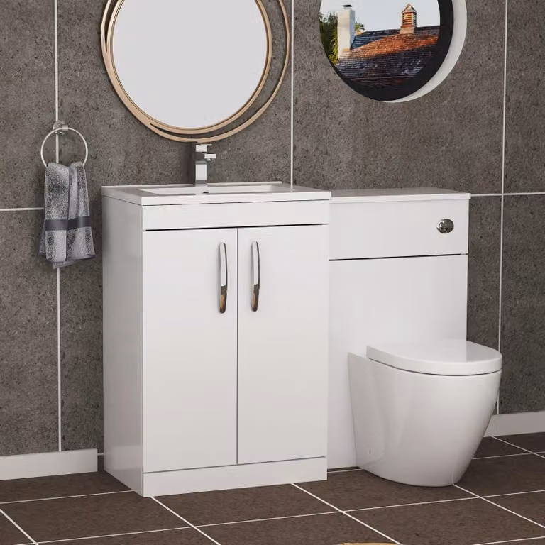 Royal Bathrooms Gloss White 2 Door Furniture Pack with Minimalist Basin and Elva Back to Wall Toilet, Width: 110 cm
