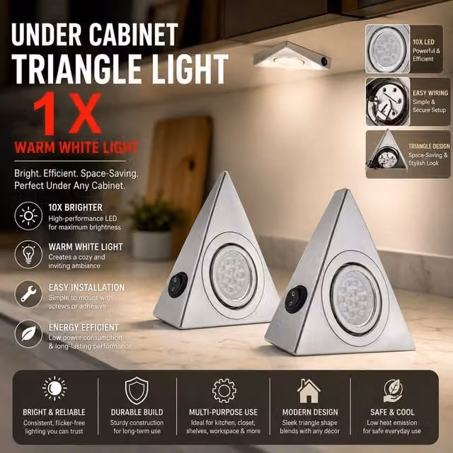 Atek LED Mains Under Cabinet Triangle Lights in Silver Stainless Steel