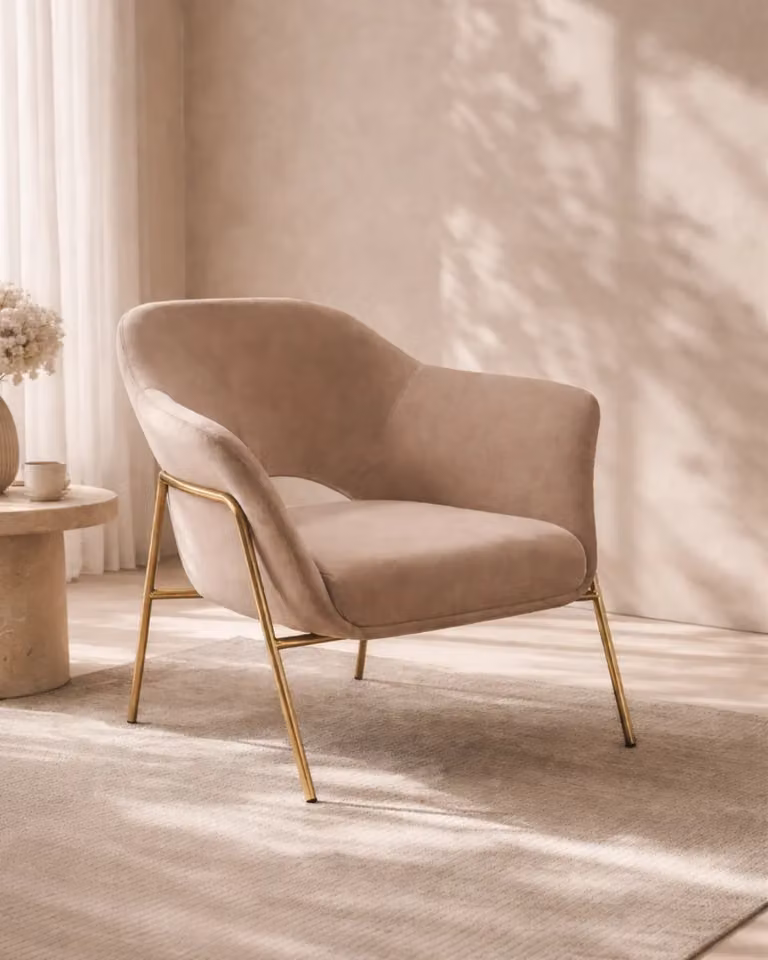 Tommy Franks Arteta Modern Velvet Tub Accent Chair in Beige with Gold Details