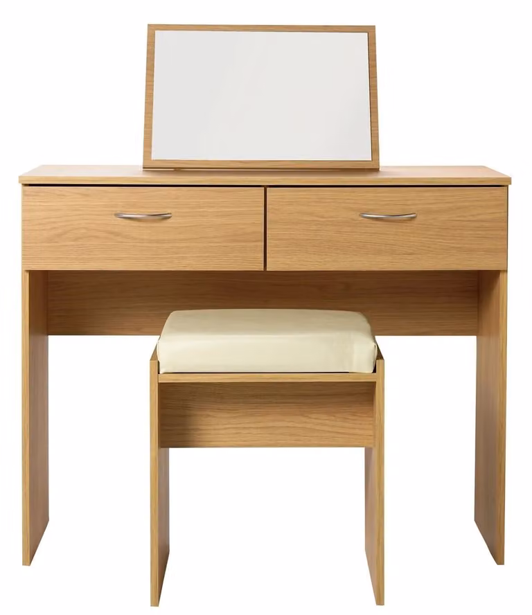Cheval Oak Dressing Table with Stool and Mirror in Brown