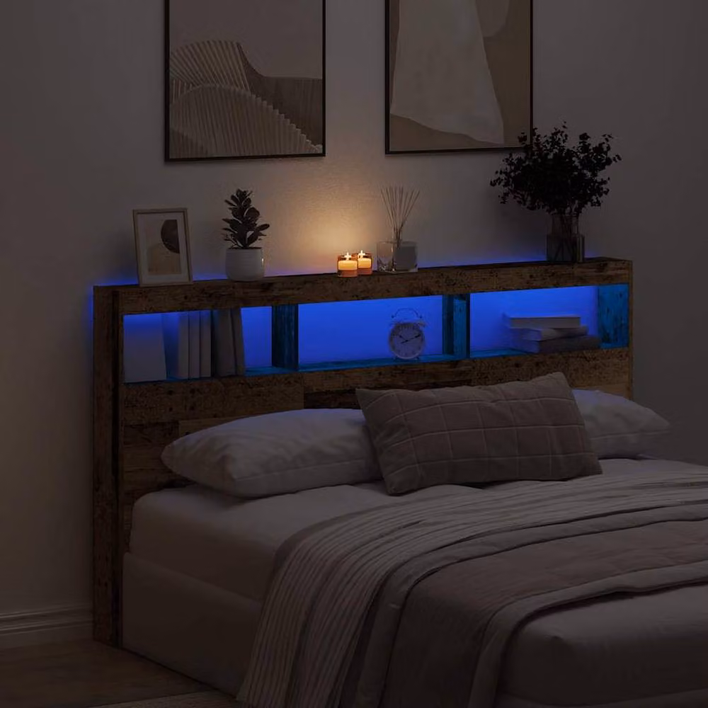 Berkfield Home Modern Headboard Cabinet with LED Lighting and USB Charging Port in Brown, W/D/H: 180 x 17 x 102 cm – 2