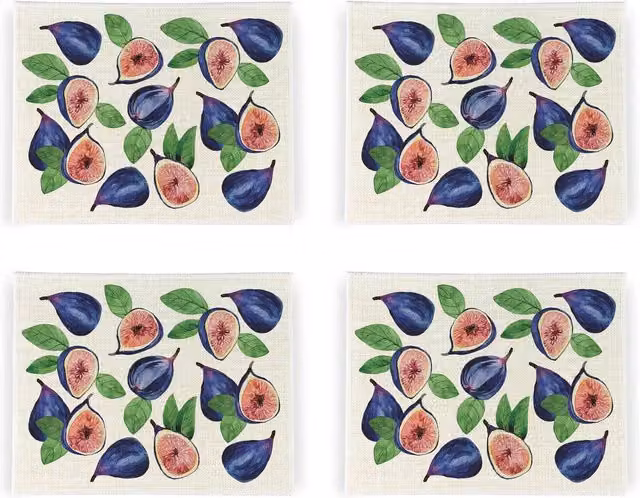 Purely Home Vibrant Figs Floral Linen Placemats, Set of 4, White, Purple, Green and Multicolour, Square