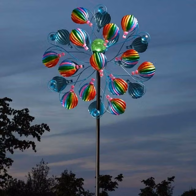 Garden Mile Rainbow Hot Air Balloon Solar Wind Spinner in Multicolour Striped Geometric Design