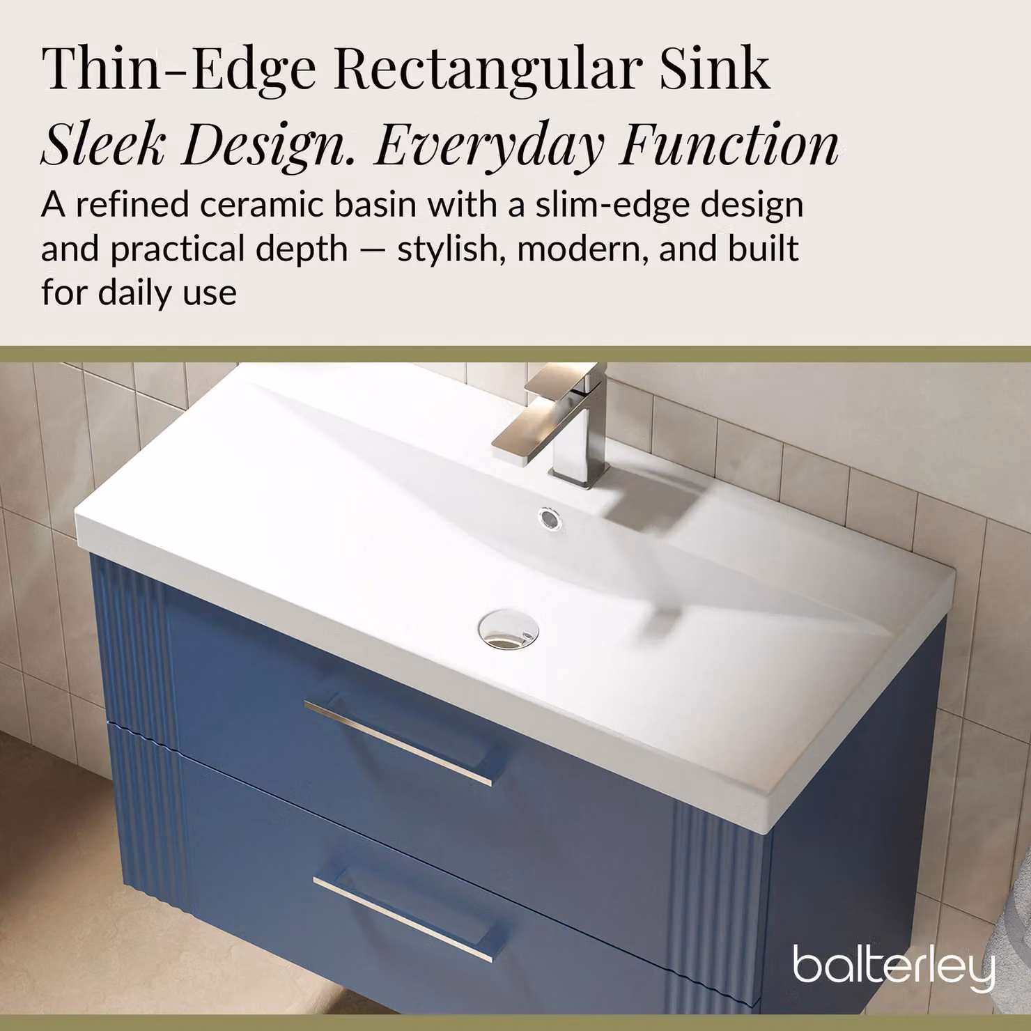 Balterley Wall Hung 2 Drawer Vanity Unit with Thin-Edge Basin, Satin Blue – 3